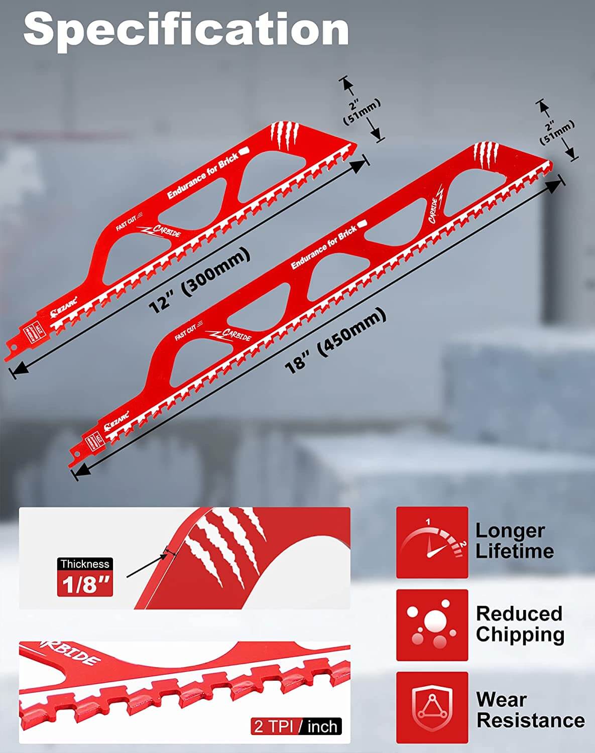 12 & 18 Inch Carbide Demolition Masonry Reciprocating Saw Blade For Cutting Brick,Concrete - EZARC Tools