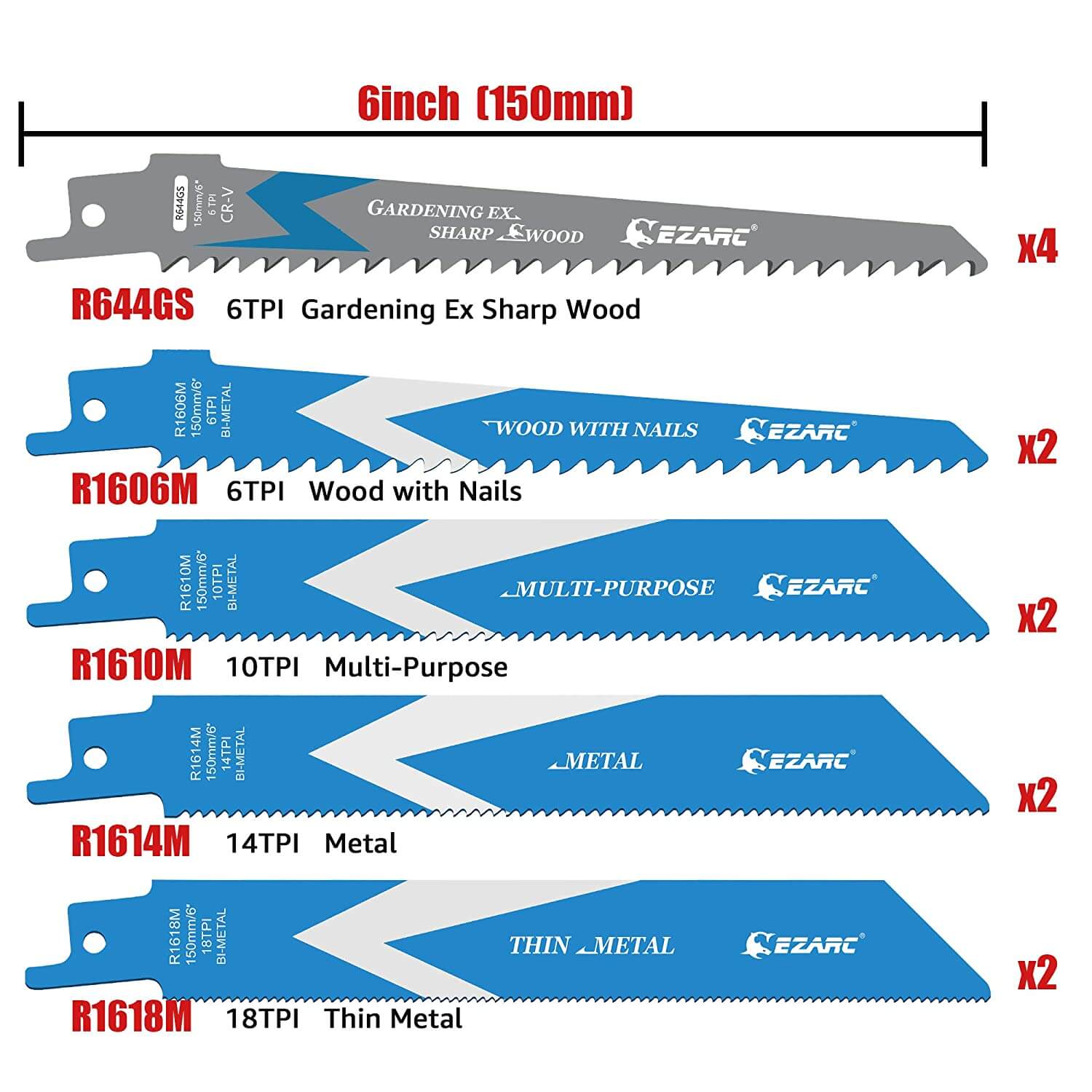 6/10/14/18tpi, 6 in. Bi-Metal Reciprocating Saw Blade Set For Metal and Wood Cutting