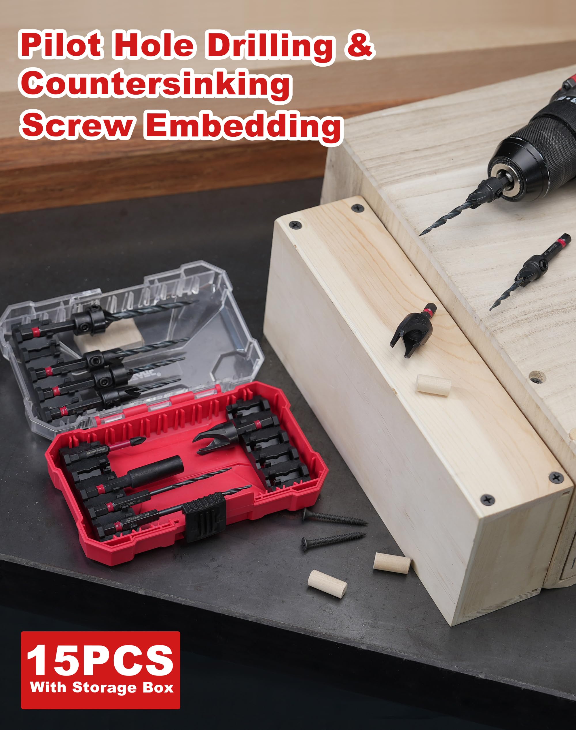 15 PCS Countersink Drill Bit Set with 2PCS Wood Plug Cutter with Storage Box - EZARC Tools