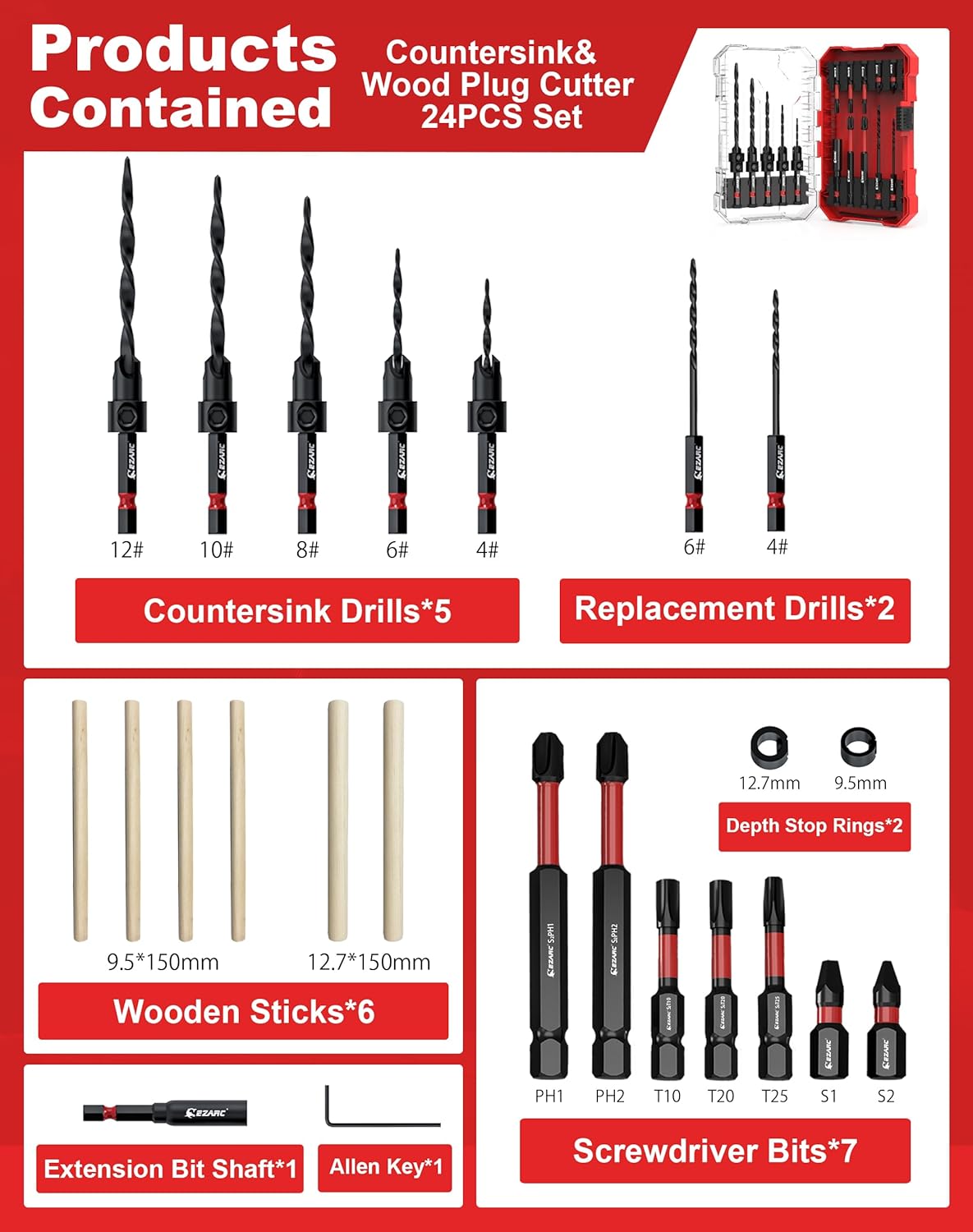 EZARC Countersink Drill Bit Set with Storage Box