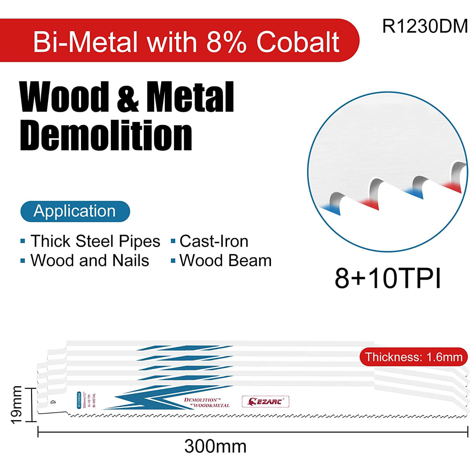 8+10tpi, 6/9/12 in. Bi-Metal Reciprocating Saw Blade For Wood/Metal Demolition