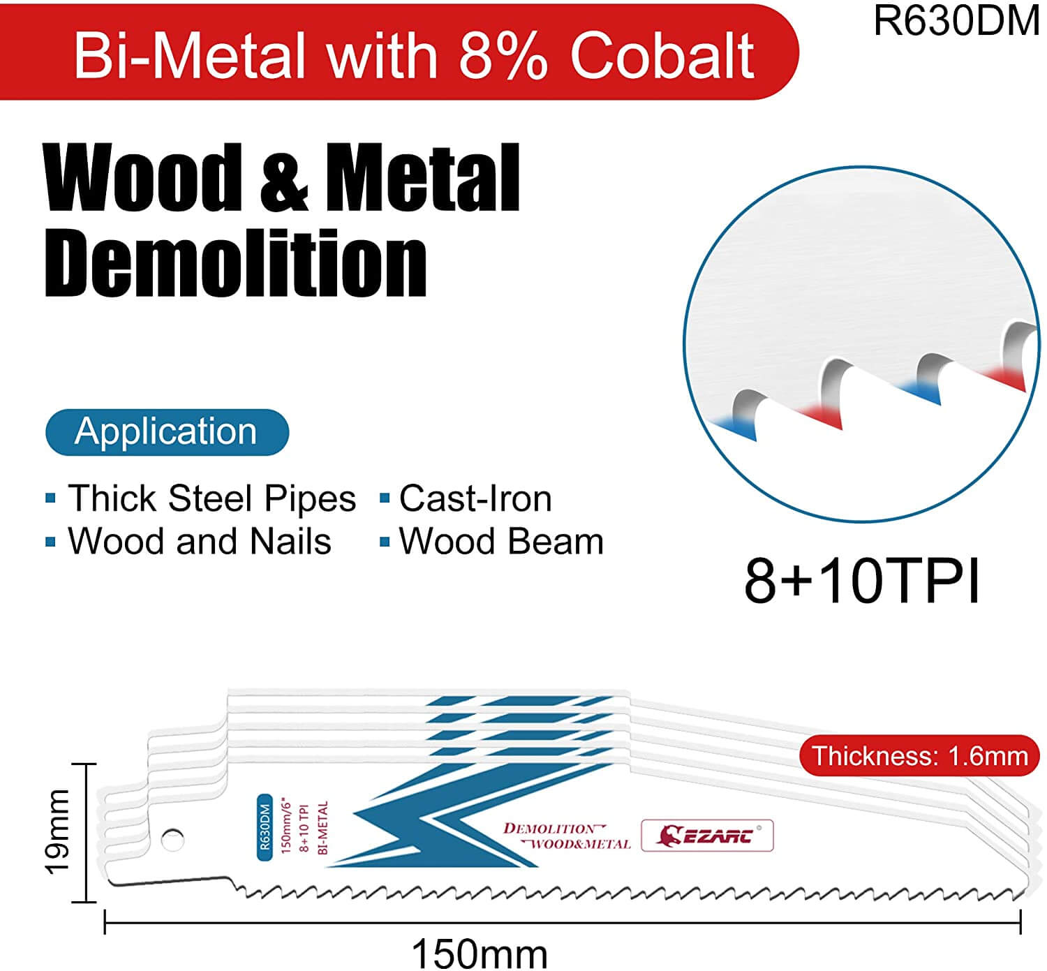 8+10tpi, 6/9/12 in. Bi-Metal Reciprocating Saw Blade For Wood/Metal Demolition
